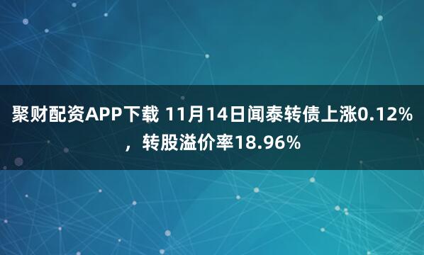 聚财配资APP下载 11月14日闻泰转债上涨0.12%，转股溢价率18.96%
